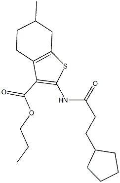 propyl 2-[(3-cyclopentylpropanoyl)amino]-6-methyl-4,5,6,7-tetrahydro-1-benzothiophene-3-carboxylate Struktur