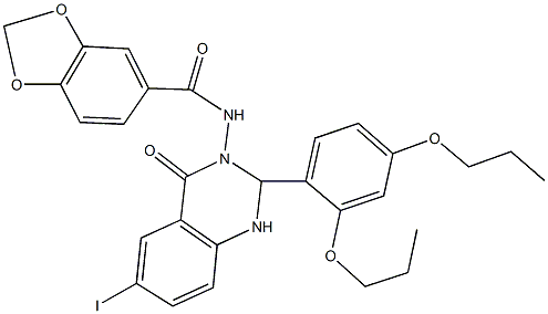 N-(2-(2,4-dipropoxyphenyl)-6-iodo-4-oxo-1,4-dihydro-3(2H)-quinazolinyl)-1,3-benzodioxole-5-carboxamide Struktur