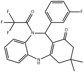 11-(3-fluorophenyl)-3,3-dimethyl-10-(trifluoroacetyl)-2,3,4,5,10,11-hexahydro-1H-dibenzo[b,e][1,4]diazepin-1-one Struktur