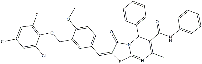 2-{4-methoxy-3-[(2,4,6-trichlorophenoxy)methyl]benzylidene}-7-methyl-3-oxo-N,5-diphenyl-2,3-dihydro-5H-[1,3]thiazolo[3,2-a]pyrimidine-6-carboxamide Struktur