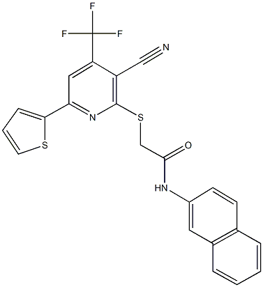 2-{[3-cyano-6-(2-thienyl)-4-(trifluoromethyl)-2-pyridinyl]sulfanyl}-N-(2-naphthyl)acetamide Struktur