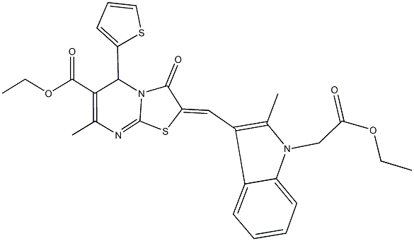 ethyl 2-{[1-(2-ethoxy-2-oxoethyl)-2-methyl-1H-indol-3-yl]methylene}-7-methyl-3-oxo-5-(2-thienyl)-2,3-dihydro-5H-[1,3]thiazolo[3,2-a]pyrimidine-6-carboxylate Struktur