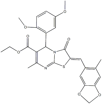 ethyl 5-(2,5-dimethoxyphenyl)-7-methyl-2-[(6-methyl-1,3-benzodioxol-5-yl)methylene]-3-oxo-2,3-dihydro-5H-[1,3]thiazolo[3,2-a]pyrimidine-6-carboxylate Struktur