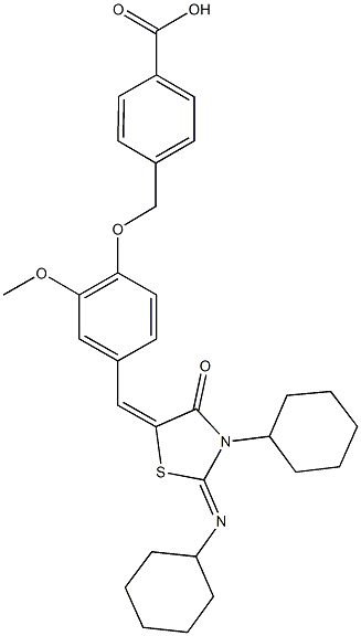 4-[(4-{[3-cyclohexyl-2-(cyclohexylimino)-4-oxo-1,3-thiazolidin-5-ylidene]methyl}-2-methoxyphenoxy)methyl]benzoic acid Struktur