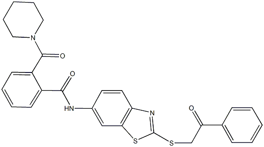 N-{2-[(2-oxo-2-phenylethyl)sulfanyl]-1,3-benzothiazol-6-yl}-2-(1-piperidinylcarbonyl)benzamide Struktur