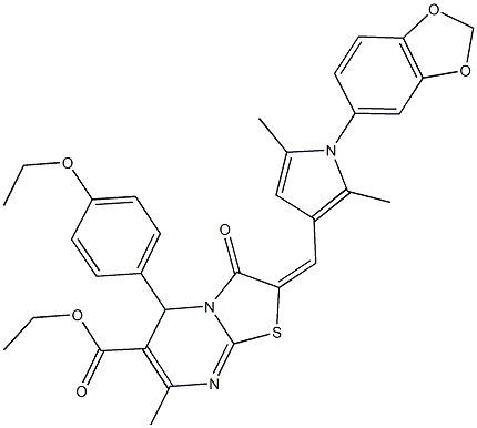 ethyl 2-{[1-(1,3-benzodioxol-5-yl)-2,5-dimethyl-1H-pyrrol-3-yl]methylene}-5-(4-ethoxyphenyl)-7-methyl-3-oxo-2,3-dihydro-5H-[1,3]thiazolo[3,2-a]pyrimidine-6-carboxylate Struktur