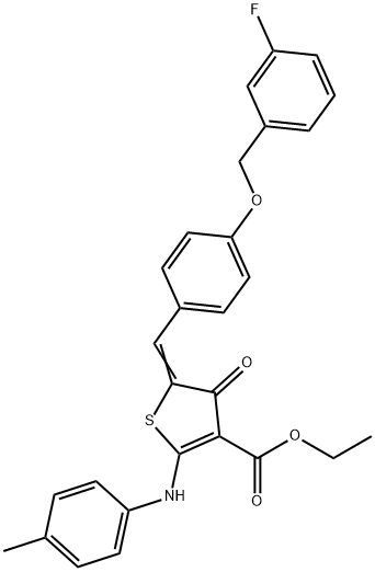 ethyl 5-{4-[(3-fluorobenzyl)oxy]benzylidene}-4-oxo-2-(4-toluidino)-4,5-dihydro-3-thiophenecarboxylate Struktur