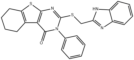 2-[(1H-benzimidazol-2-ylmethyl)sulfanyl]-3-phenyl-5,6,7,8-tetrahydro[1]benzothieno[2,3-d]pyrimidin-4(3H)-one Struktur