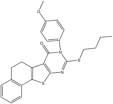 9-(butylsulfanyl)-8-(4-methoxyphenyl)-5,8-dihydronaphtho[2',1':4,5]thieno[2,3-d]pyrimidin-7(6H)-one Struktur