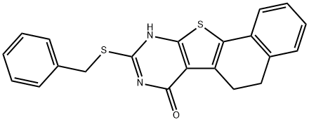 9-(benzylsulfanyl)-5,8-dihydronaphtho[2',1':4,5]thieno[2,3-d]pyrimidin-7(6H)-one Struktur