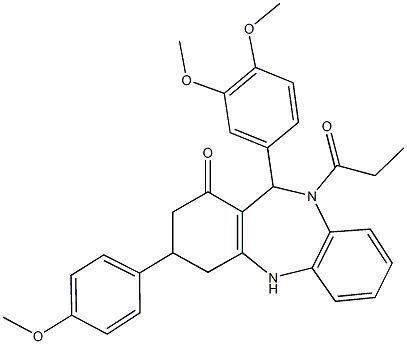 11-(3,4-dimethoxyphenyl)-3-(4-methoxyphenyl)-10-propionyl-2,3,4,5,10,11-hexahydro-1H-dibenzo[b,e][1,4]diazepin-1-one Struktur