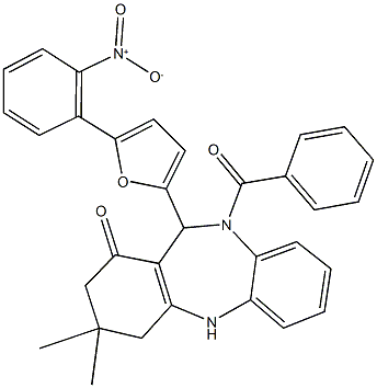 10-benzoyl-11-(5-{2-nitrophenyl}-2-furyl)-3,3-dimethyl-2,3,4,5,10,11-hexahydro-1H-dibenzo[b,e][1,4]diazepin-1-one Struktur