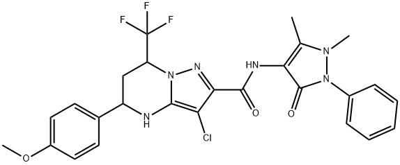 3-chloro-N-(1,5-dimethyl-3-oxo-2-phenyl-2,3-dihydro-1H-pyrazol-4-yl)-5-(4-methoxyphenyl)-7-(trifluoromethyl)-4,5,6,7-tetrahydropyrazolo[1,5-a]pyrimidine-2-carboxamide Struktur