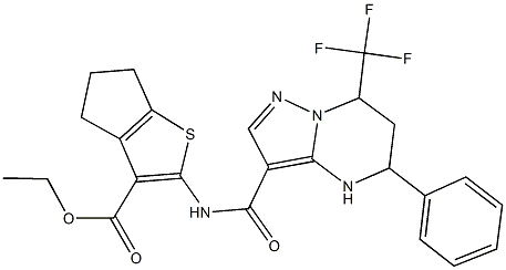 ethyl 2-({[5-phenyl-7-(trifluoromethyl)-4,5,6,7-tetrahydropyrazolo[1,5-a]pyrimidin-3-yl]carbonyl}amino)-5,6-dihydro-4H-cyclopenta[b]thiophene-3-carboxylate Struktur