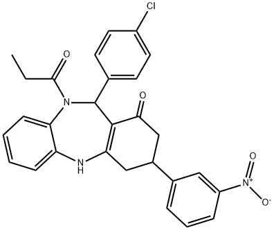 11-(4-chlorophenyl)-3-{3-nitrophenyl}-10-propionyl-2,3,4,5,10,11-hexahydro-1H-dibenzo[b,e][1,4]diazepin-1-one Struktur