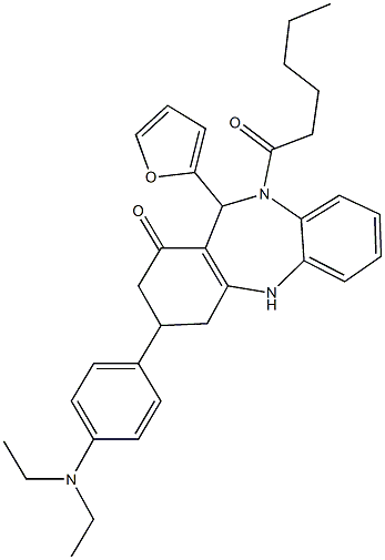 3-[4-(diethylamino)phenyl]-11-(2-furyl)-10-hexanoyl-2,3,4,5,10,11-hexahydro-1H-dibenzo[b,e][1,4]diazepin-1-one Struktur