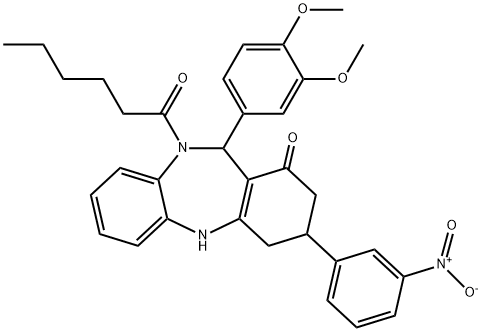 11-(3,4-dimethoxyphenyl)-10-hexanoyl-3-{3-nitrophenyl}-2,3,4,5,10,11-hexahydro-1H-dibenzo[b,e][1,4]diazepin-1-one Struktur