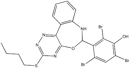 2,4,6-tribromo-3-[3-(butylsulfanyl)-6,7-dihydro[1,2,4]triazino[5,6-d][3,1]benzoxazepin-6-yl]phenol Struktur