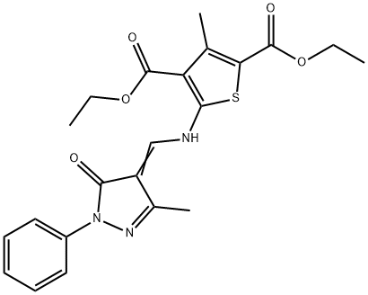 diethyl 3-methyl-5-{[(3-methyl-5-oxo-1-phenyl-1,5-dihydro-4H-pyrazol-4-ylidene)methyl]amino}-2,4-thiophenedicarboxylate Struktur