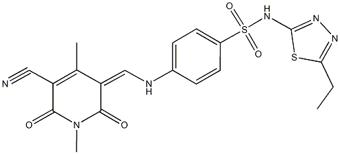 4-{[(5-cyano-1,4-dimethyl-2,6-dioxo-1,6-dihydro-3(2H)-pyridinylidene)methyl]amino}-N-(5-ethyl-1,3,4-thiadiazol-2-yl)benzenesulfonamide Struktur