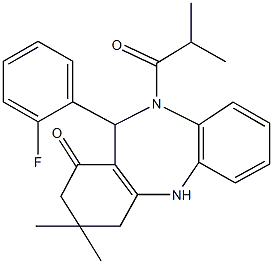 11-(2-fluorophenyl)-10-isobutyryl-3,3-dimethyl-2,3,4,5,10,11-hexahydro-1H-dibenzo[b,e][1,4]diazepin-1-one Struktur