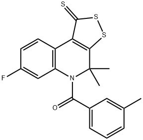 7-fluoro-4,4-dimethyl-5-(3-methylbenzoyl)-4,5-dihydro-1H-[1,2]dithiolo[3,4-c]quinoline-1-thione Struktur