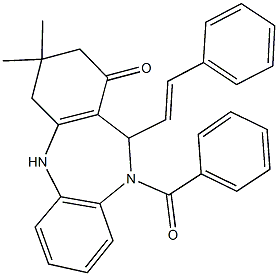 10-benzoyl-3,3-dimethyl-11-(2-phenylvinyl)-2,3,4,5,10,11-hexahydro-1H-dibenzo[b,e][1,4]diazepin-1-one Struktur