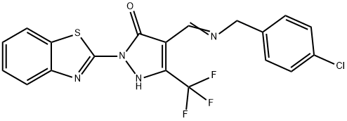 2-(1,3-benzothiazol-2-yl)-4-{[(4-chlorobenzyl)imino]methyl}-5-(trifluoromethyl)-1,2-dihydro-3H-pyrazol-3-one Struktur