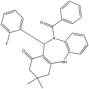 10-benzoyl-11-(2-fluorophenyl)-3,3-dimethyl-2,3,4,5,10,11-hexahydro-1H-dibenzo[b,e][1,4]diazepin-1-one Struktur