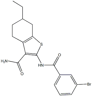 2-[(3-bromobenzoyl)amino]-6-ethyl-4,5,6,7-tetrahydro-1-benzothiophene-3-carboxamide Struktur