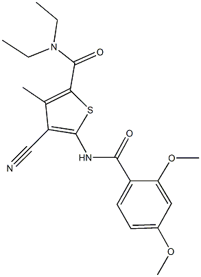 4-cyano-5-[(2,4-dimethoxybenzoyl)amino]-N,N-diethyl-3-methyl-2-thiophenecarboxamide Struktur