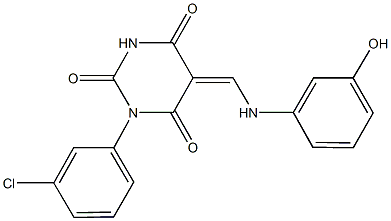 1-(3-chlorophenyl)-5-[(3-hydroxyanilino)methylene]-2,4,6(1H,3H,5H)-pyrimidinetrione Struktur