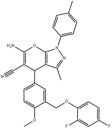 6-amino-4-{3-[(2,4-difluorophenoxy)methyl]-4-methoxyphenyl}-3-methyl-1-(4-methylphenyl)-1,4-dihydropyrano[2,3-c]pyrazole-5-carbonitrile Struktur