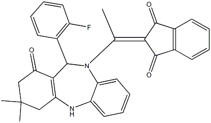 2-{1-[11-(2-fluorophenyl)-3,3-dimethyl-1-oxo-1,2,3,4,5,11-hexahydro-10H-dibenzo[b,e][1,4]diazepin-10-yl]ethylidene}-1H-indene-1,3(2H)-dione Struktur