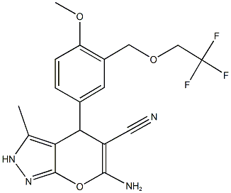 6-amino-4-{4-methoxy-3-[(2,2,2-trifluoroethoxy)methyl]phenyl}-3-methyl-2,4-dihydropyrano[2,3-c]pyrazole-5-carbonitrile Struktur