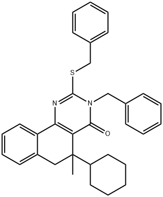 3-benzyl-2-(benzylsulfanyl)-5-cyclohexyl-5-methyl-5,6-dihydrobenzo[h]quinazolin-4(3H)-one Struktur