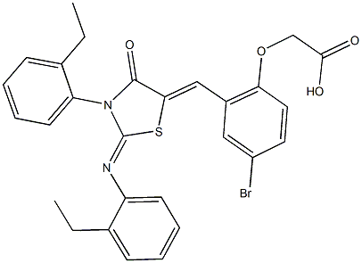 [4-bromo-2-({3-(2-ethylphenyl)-2-[(2-ethylphenyl)imino]-4-oxo-1,3-thiazolidin-5-ylidene}methyl)phenoxy]acetic acid Struktur