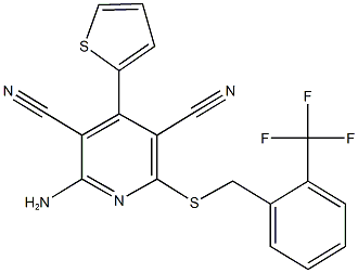 2-amino-4-(2-thienyl)-6-{[2-(trifluoromethyl)benzyl]sulfanyl}-3,5-pyridinedicarbonitrile Struktur