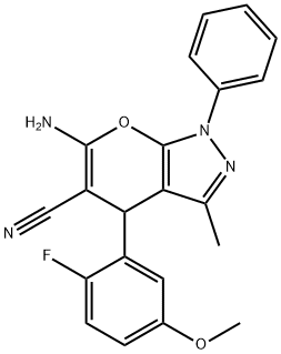 6-amino-4-(2-fluoro-5-methoxyphenyl)-3-methyl-1-phenyl-1,4-dihydropyrano[2,3-c]pyrazole-5-carbonitrile Struktur