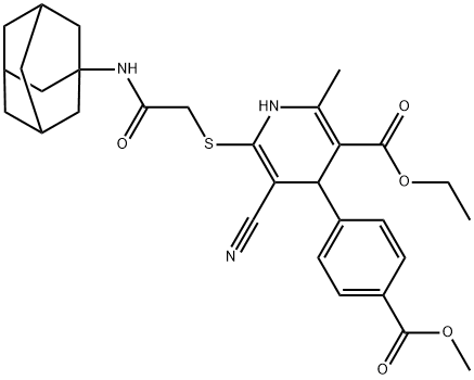 ethyl 6-{[2-(1-adamantylamino)-2-oxoethyl]sulfanyl}-5-cyano-4-[4-(methoxycarbonyl)phenyl]-2-methyl-1,4-dihydro-3-pyridinecarboxylate Struktur