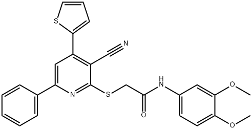 2-{[3-cyano-6-phenyl-4-(2-thienyl)-2-pyridinyl]sulfanyl}-N-(3,4-dimethoxyphenyl)acetamide Struktur