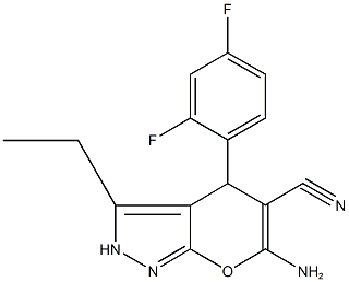 6-amino-4-(2,4-difluorophenyl)-3-ethyl-2,4-dihydropyrano[2,3-c]pyrazole-5-carbonitrile Struktur