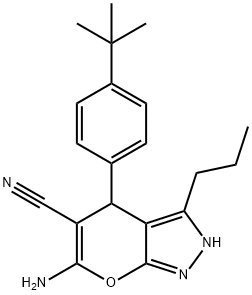 6-amino-4-(4-tert-butylphenyl)-3-propyl-2,4-dihydropyrano[2,3-c]pyrazole-5-carbonitrile Struktur