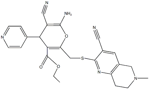 ethyl 6-amino-5-cyano-2-{[(3-cyano-6-methyl-5,6,7,8-tetrahydro[1,6]naphthyridin-2-yl)sulfanyl]methyl}-4-(4-pyridinyl)-4H-pyran-3-carboxylate Struktur