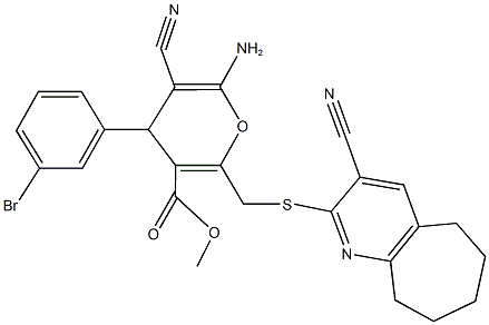 methyl 6-amino-4-(3-bromophenyl)-5-cyano-2-{[(3-cyano-6,7,8,9-tetrahydro-5H-cyclohepta[b]pyridin-2-yl)sulfanyl]methyl}-4H-pyran-3-carboxylate Struktur