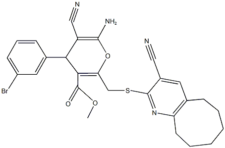 methyl 6-amino-4-(3-bromophenyl)-5-cyano-2-{[(3-cyano-5,6,7,8,9,10-hexahydrocycloocta[b]pyridin-2-yl)sulfanyl]methyl}-4H-pyran-3-carboxylate Struktur