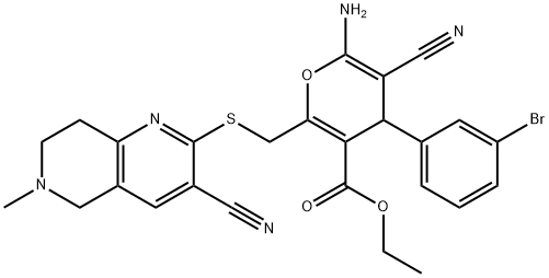 ethyl 6-amino-4-(3-bromophenyl)-5-cyano-2-{[(3-cyano-6-methyl-5,6,7,8-tetrahydro[1,6]naphthyridin-2-yl)sulfanyl]methyl}-4H-pyran-3-carboxylate Struktur