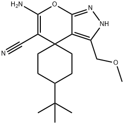 6-amino-1'-tert-butyl-3-(methoxymethyl)-2,4-dihydrospiro(pyrano[2,3-c]pyrazole-4,4'-cyclohexane)-5-carbonitrile Struktur