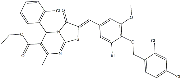 ethyl 2-{3-bromo-4-[(2,4-dichlorobenzyl)oxy]-5-methoxybenzylidene}-5-(2-chlorophenyl)-7-methyl-3-oxo-2,3-dihydro-5H-[1,3]thiazolo[3,2-a]pyrimidine-6-carboxylate Struktur