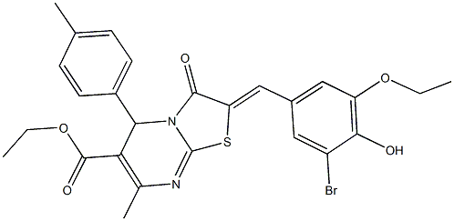 ethyl 2-(3-bromo-5-ethoxy-4-hydroxybenzylidene)-7-methyl-5-(4-methylphenyl)-3-oxo-2,3-dihydro-5H-[1,3]thiazolo[3,2-a]pyrimidine-6-carboxylate Struktur